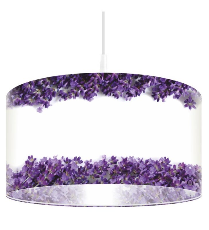 Lampa wisząca Wrzos biała z fioletowymi kwiatkami okrągły abażur z tworzywa