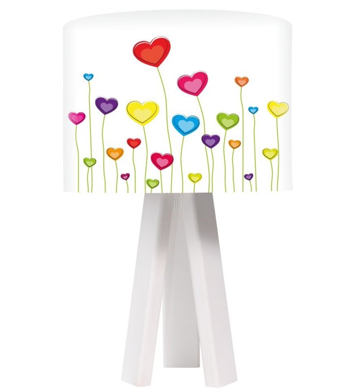 Lampa stołowa na białym drewnianym trójnogu Łąka Serc do pokoju dziecięcego