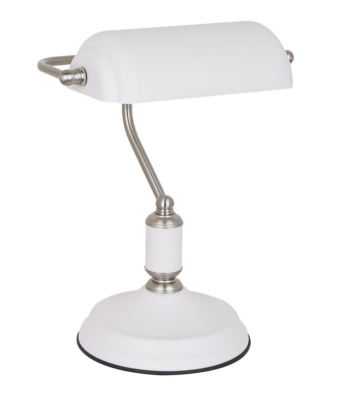 Biała lampa gabinetowa typu bankierka Pablo biała z detalami w kolorze satynowanego niklu