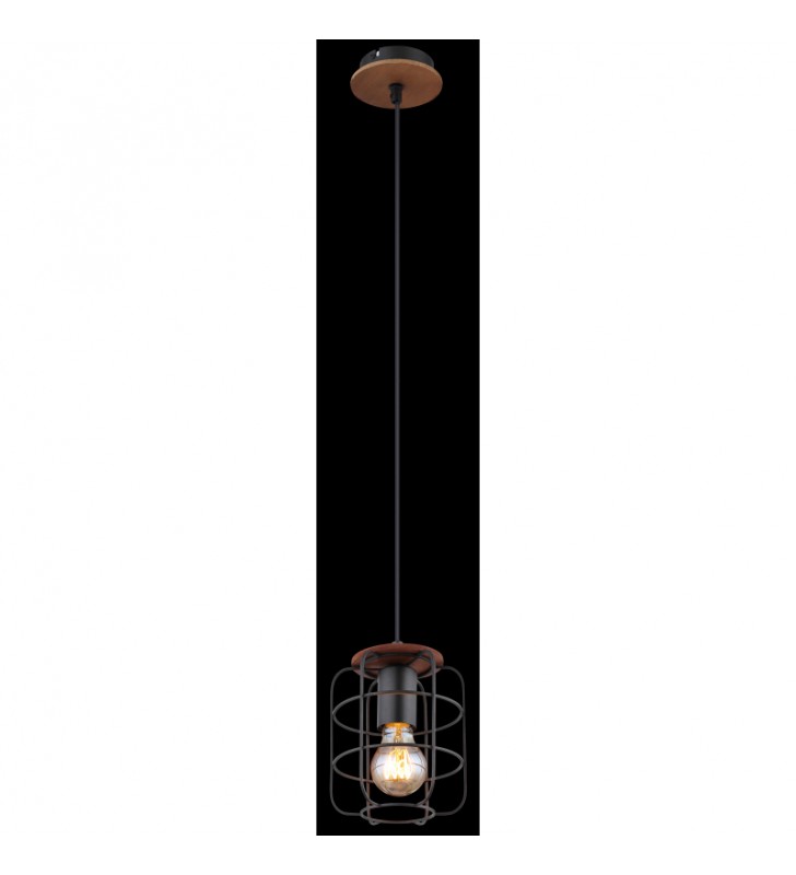 Pojedyncza loftowa lampa wisząca Willa czarny druciany klosz drewniane elementy