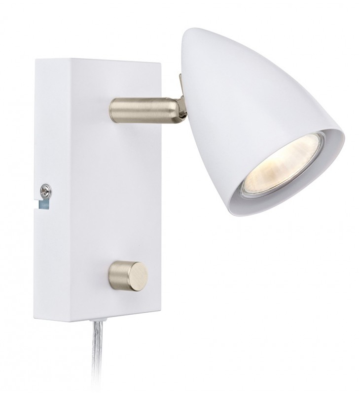 Lampa ścienna Ciro biała ze stalowym wykończeniem włącznik ściemniacz na lampie kabel z wtyczką