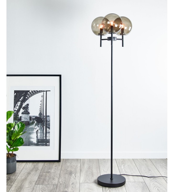 Lampa podłogowa Crown czarna z dymionymi kloszami 3 szklane kule do salonu sypialni