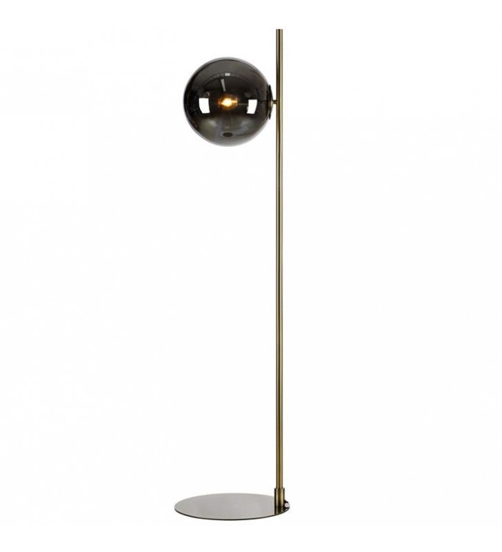 Nowoczesna lampa stojąca Dione podstawa metal mosiądz antyczny szklany okrągły klosz do salonu sypialni