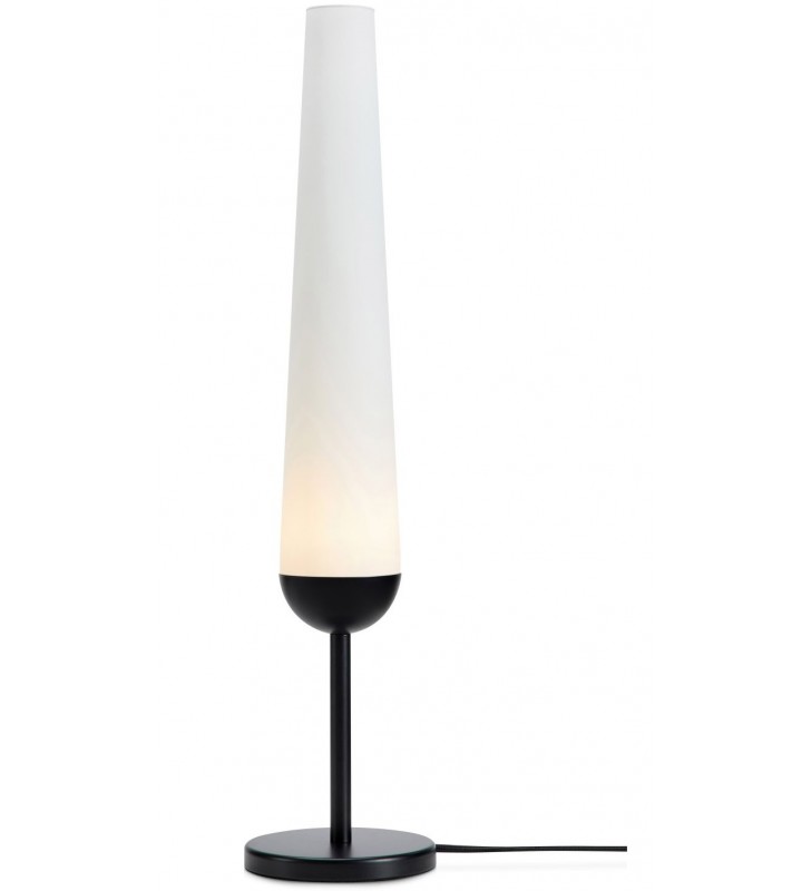 Smukła wysoka lampa stołowa na komodę Bern czarna biały wysoki klosz ze szkła