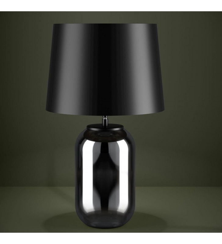 Wysoka lampa stołowa Cuite podstawa szklana czarna transparentna klosz czarny metalowy na komodę